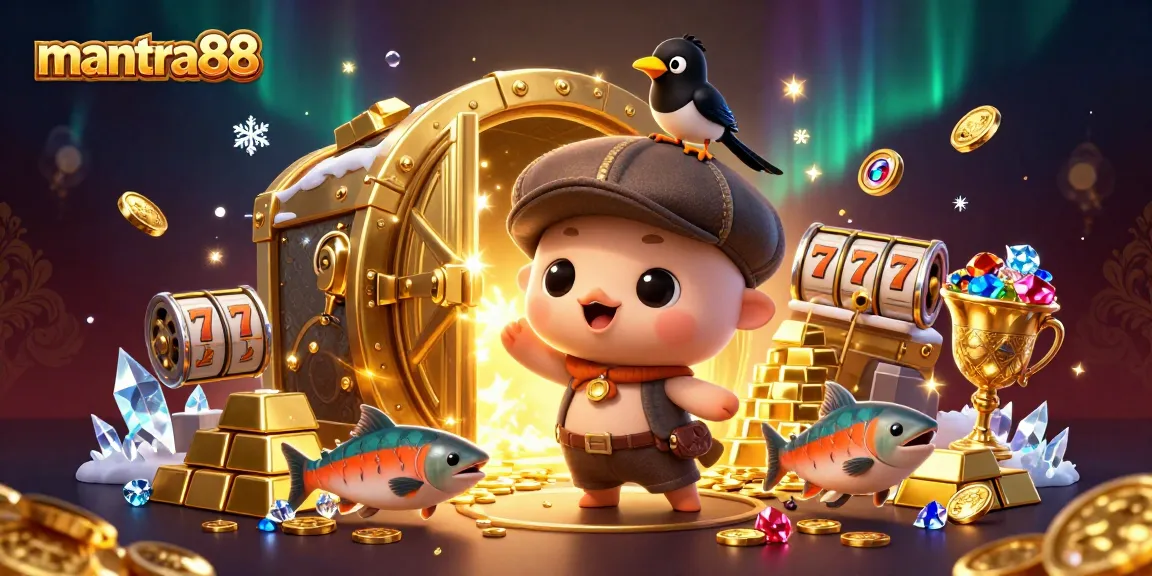 Join mantra88 for thrilling slot rewards with vivid 3D illustration of baby Nessie and treasures.