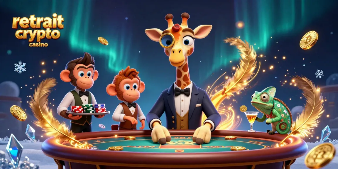 Retrait crypto casino : une illustration dynamique des jeux de casino en ligne avec une girafe et des éléments de poker.