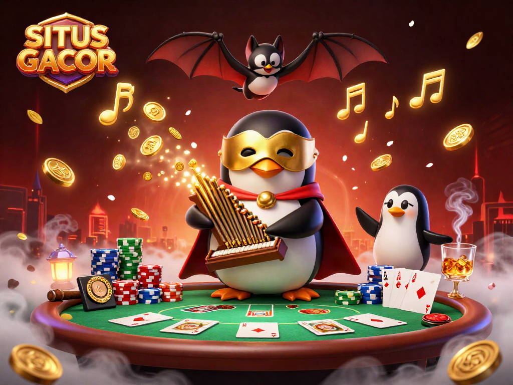 Experience excitement at SITUS GACOR where a phantom penguin plays a pipe organ, showering golden coins in an enchanting casino atmosphere.