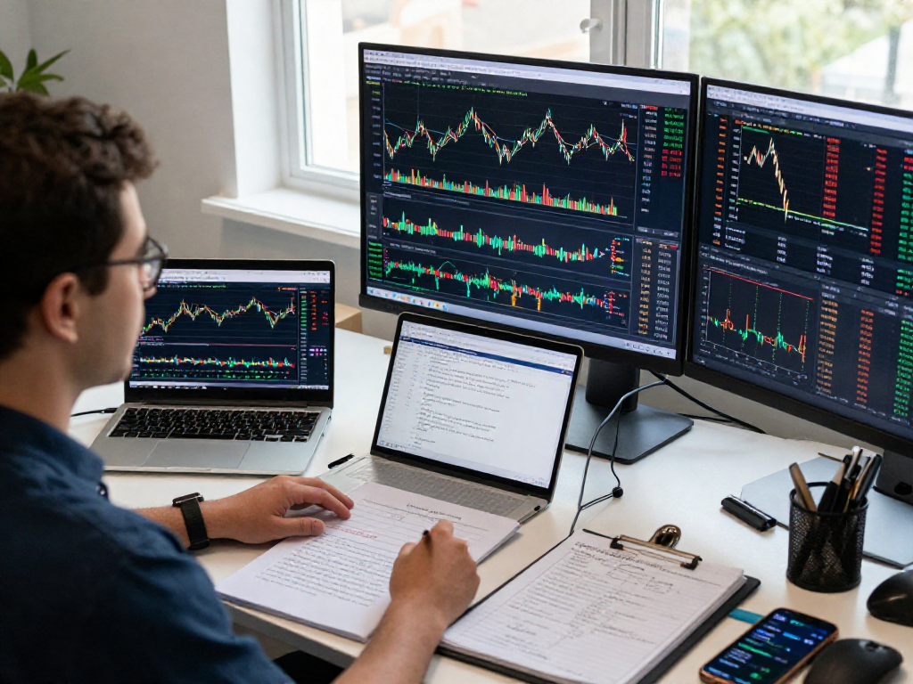 在TradingView官网上，交易者专注于市场图表分析，桌面上有多个分析工具和技术指标。