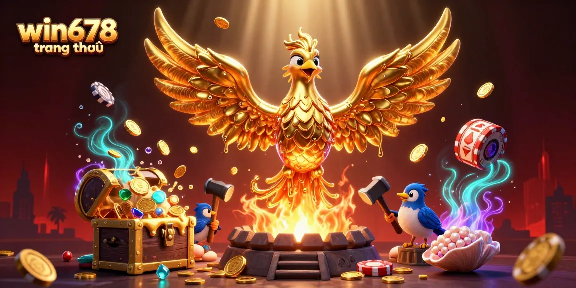 Win678 trang chủ showcases a golden phoenix amidst winnings and casino elements, captivating players to join.
