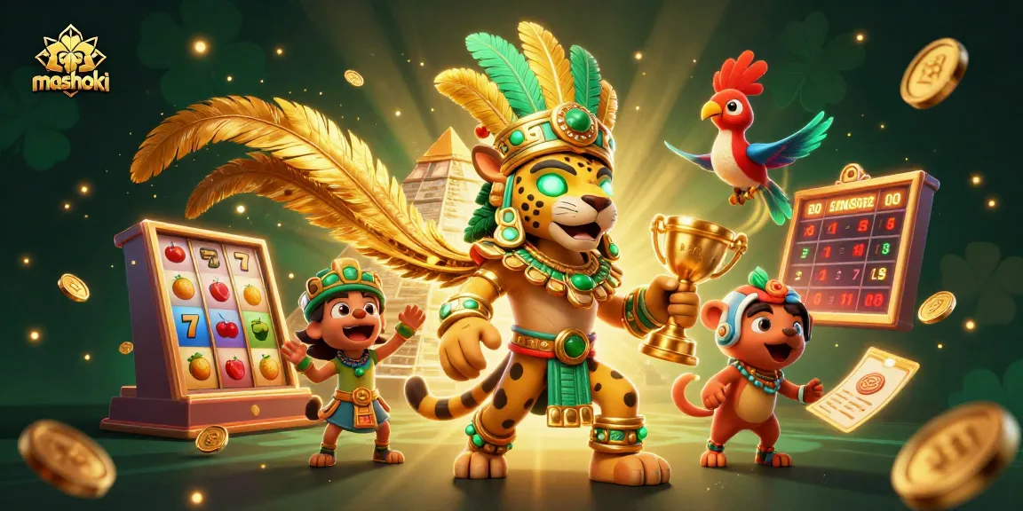 Mashoki's vibrant casino scene features a Mayan jaguar priest with dynamic slot reels and golden trophy.
