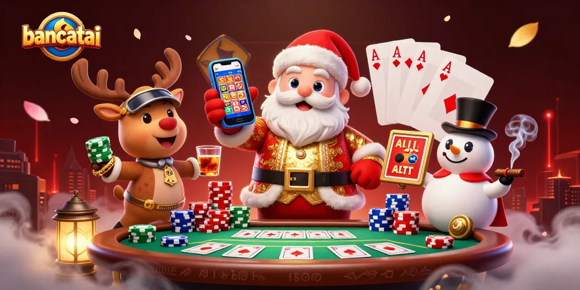 Experience festive gaming with bancatai, featuring Santa and friends in a lively casino scene.